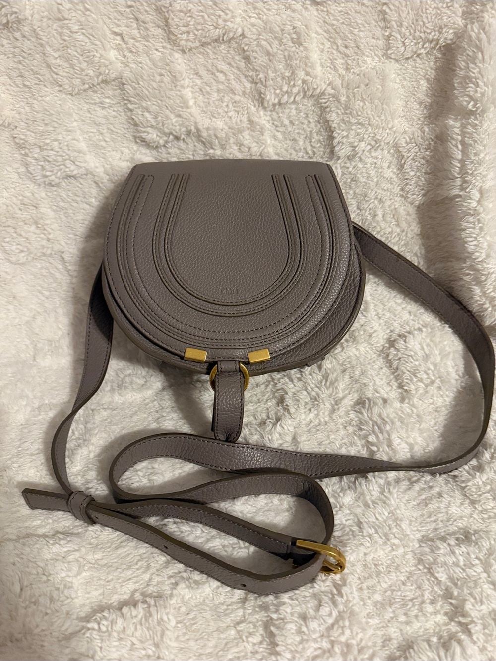 Chloe Gray Leather Crossbody Saddle Bag with Gold Accents